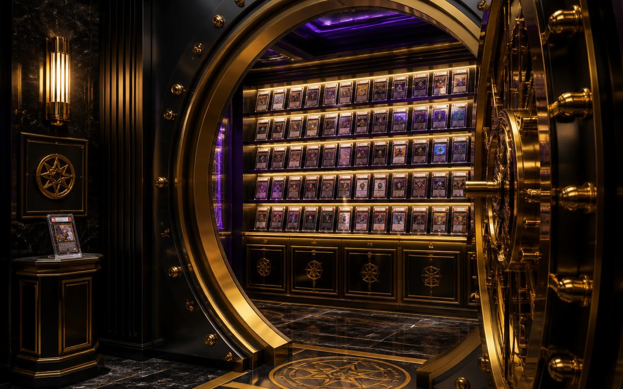 The Grail vault: graded card slabs on illuminated shelves behind a gold vault door