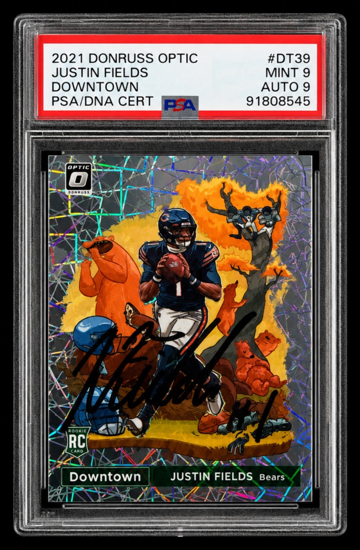 Graded 2021 Donruss Optic Justin Fields Downtown autograph PSA 9 slab
