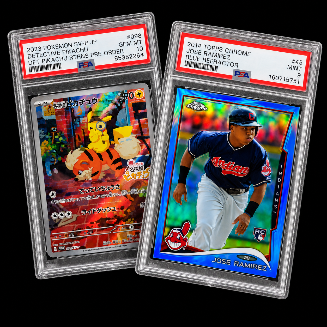 Fanned pair of graded slabs: 2014 Topps Chrome Jose Ramirez Blue Refractor PSA 9 and 2023 Detective Pikachu PSA 10