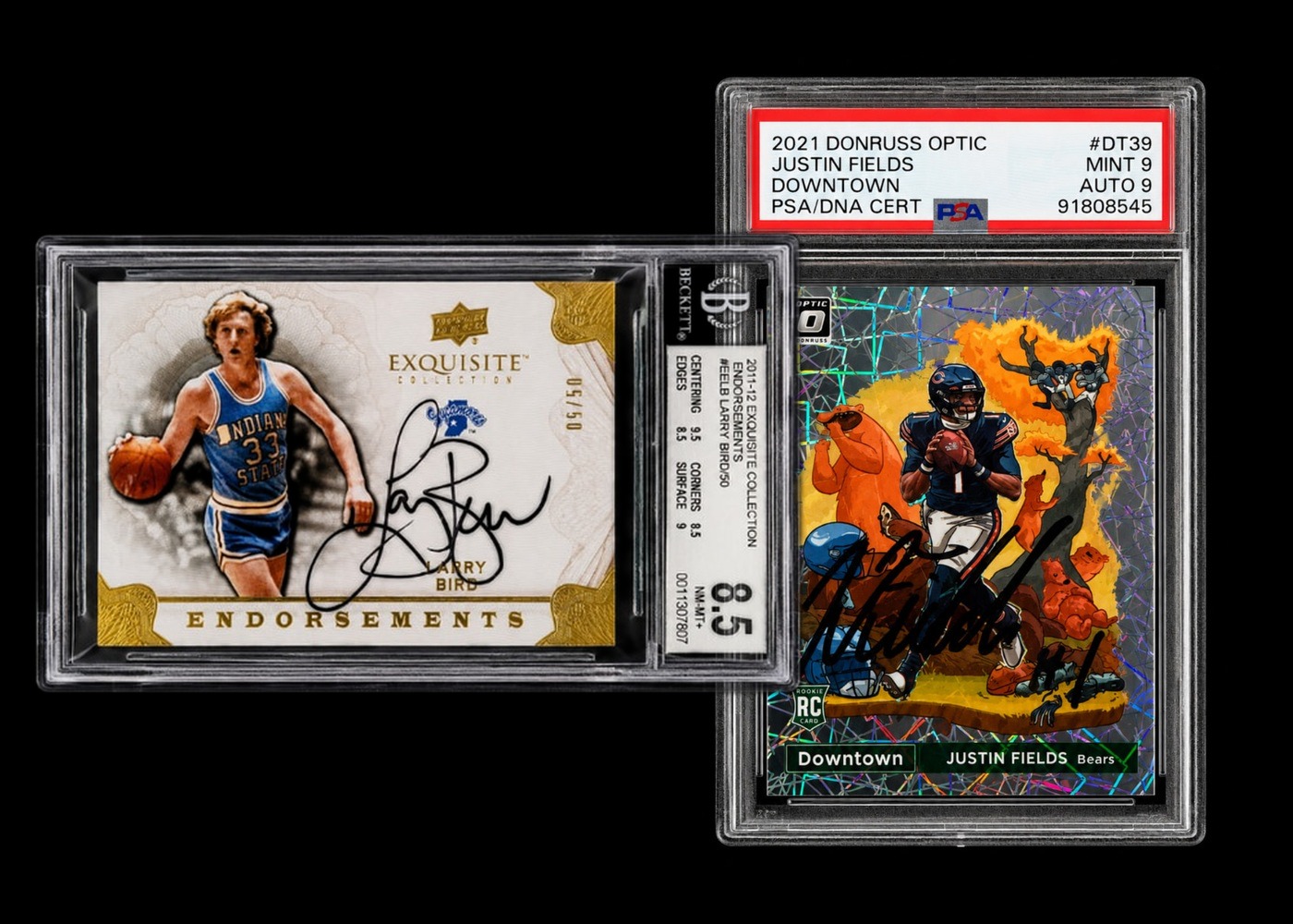 Larry Bird Exquisite Endorsements Auto BGS 8.5 and Justin Fields Downtown Auto PSA 9 graded cards