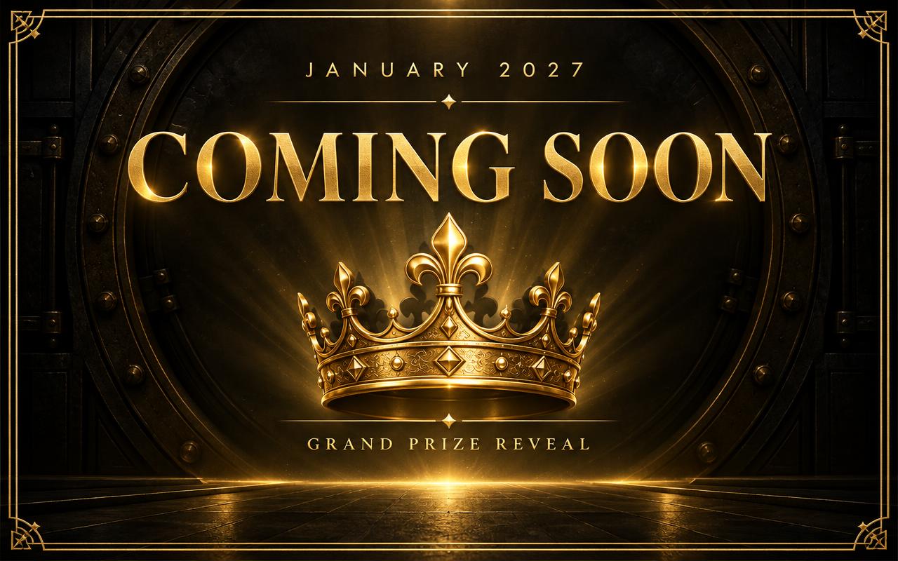 Gold Coming Soon announcement card for the January 2027 launch day grand prize